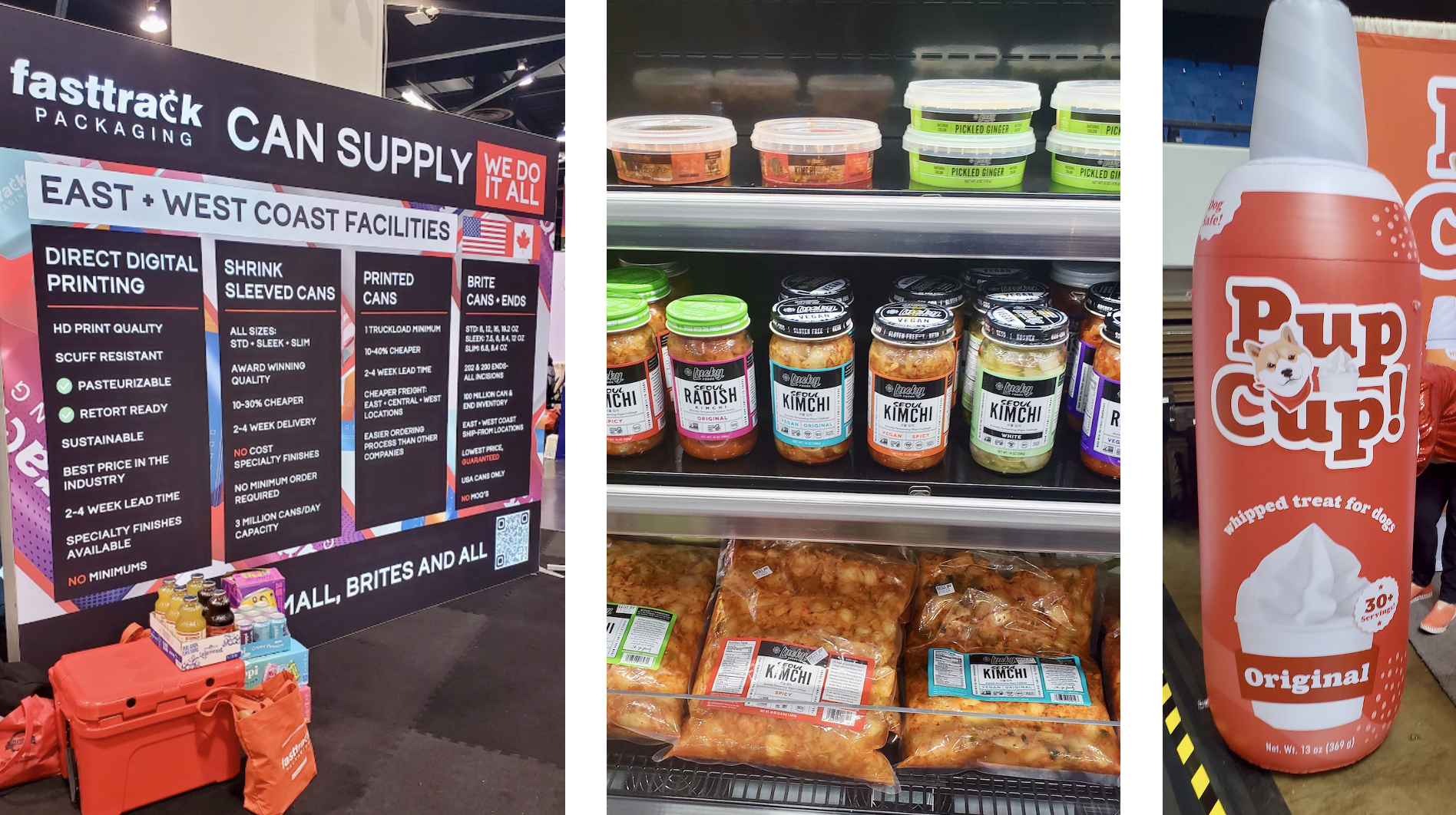 A collage of three images: a packaging trade show booth, a refrigerated case with kimchi, and a can of dog whipped cream.